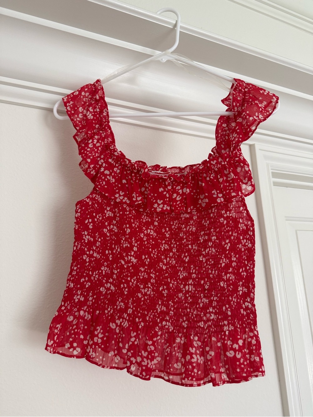 All in Favor Red and White Floral Smocked Ruffle Tank Top